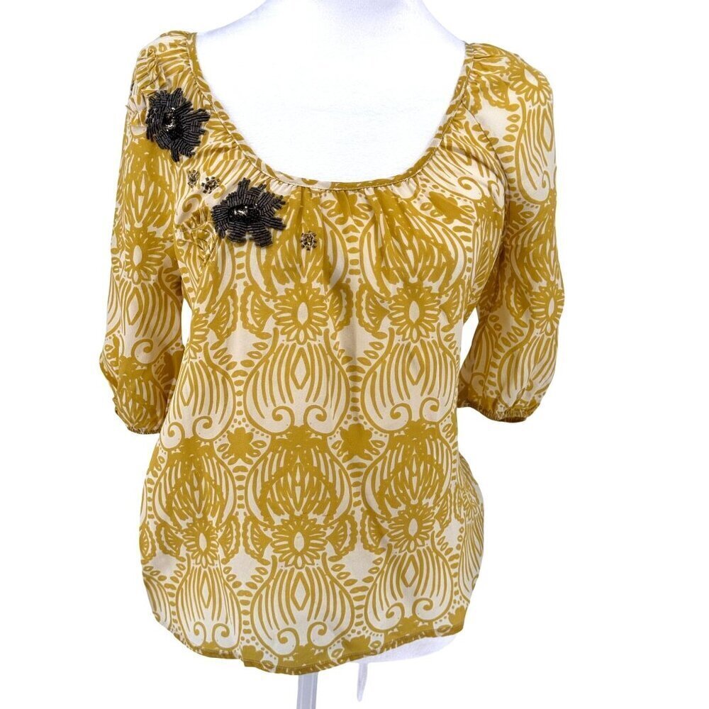 Anthropologie Edme & Esyllte Green & Cream Silk Blouse W/ Floral Embellishment